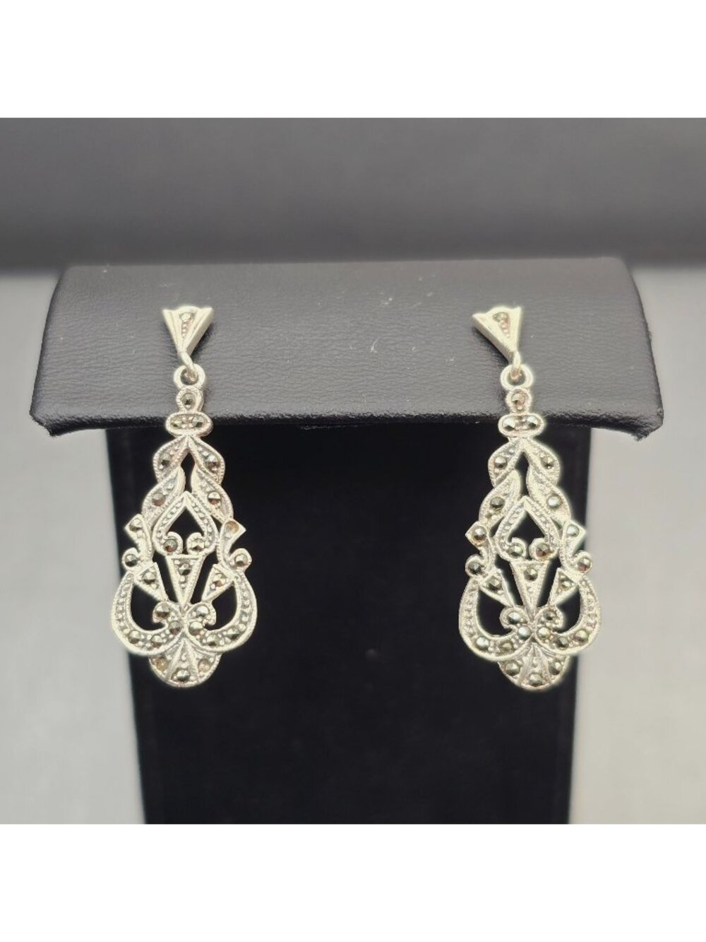 Sterling Silver Marcasite Filigree Drop Earrings Art Deco Style Signed SU